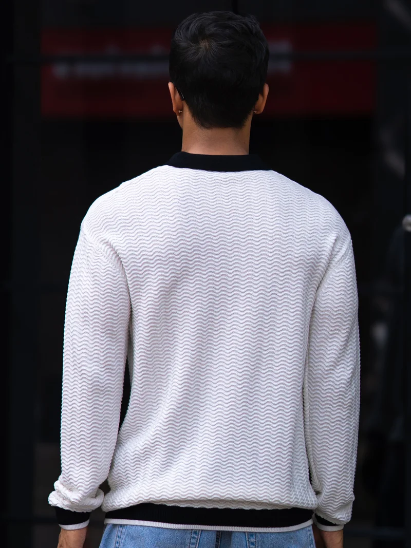 Maniac  Maniac Mens textured wave polo neck full sleeve half zipper white and black cotton t-shirt for Men | Best Price UAE